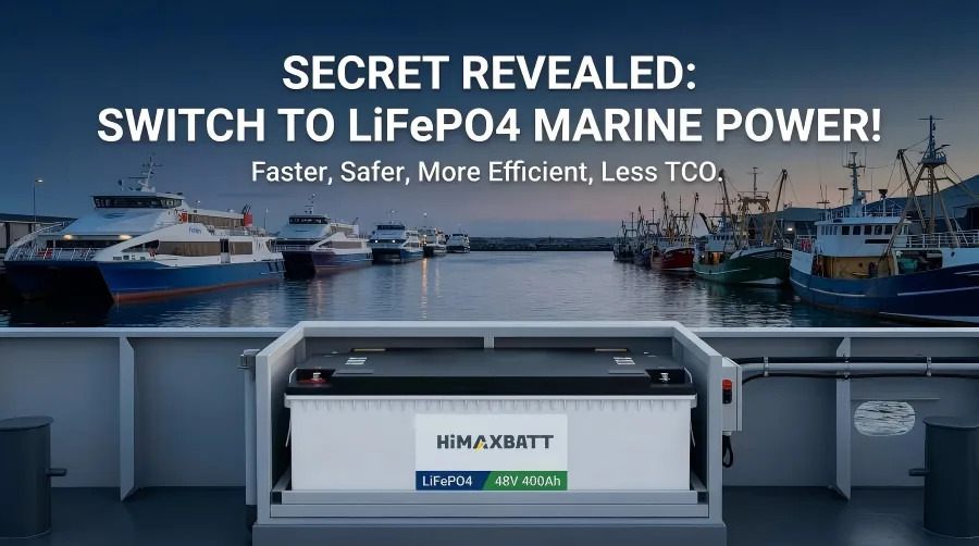 HiMAXBATT 48V 400Ah LiFePO4 marine battery pack installed on a commercial vessel.