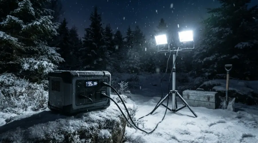 Portable power station connected to LED work lights operating outdoors on a snowy winter night