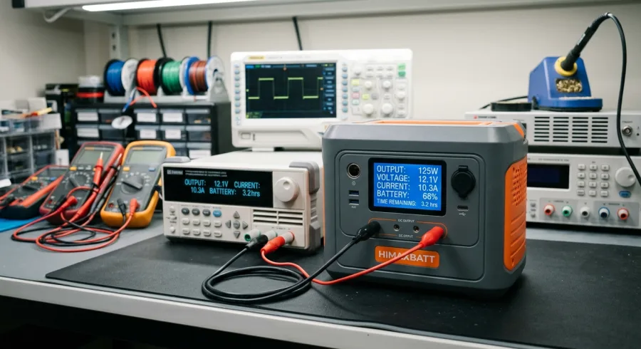 A portable power station with digital display showing battery percentage and output wattage on a workbench.