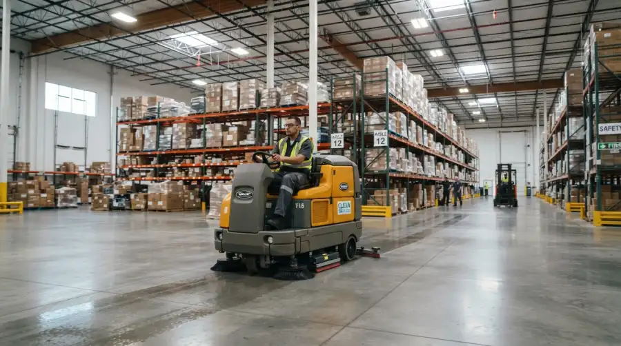 Commercial ride-on floor scrubber operating in a large modern warehouse facility