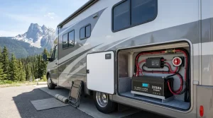 Modern RV parked in a scenic landscape with a lithium battery installation