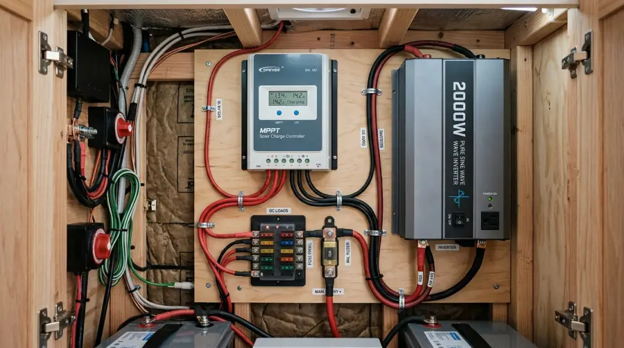 RV electrical power system setup including solar charge controller and inverter