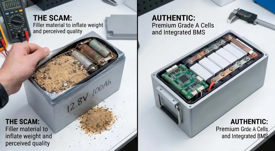 Disassembled comparison showing sand-filled fake battery scam versus authentic Grade A cells with BMS.