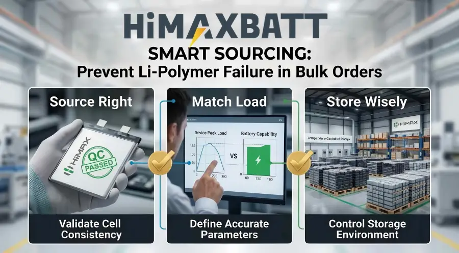 Infographic on smart sourcing strategies to prevent lithium polymer battery swelling and failure.