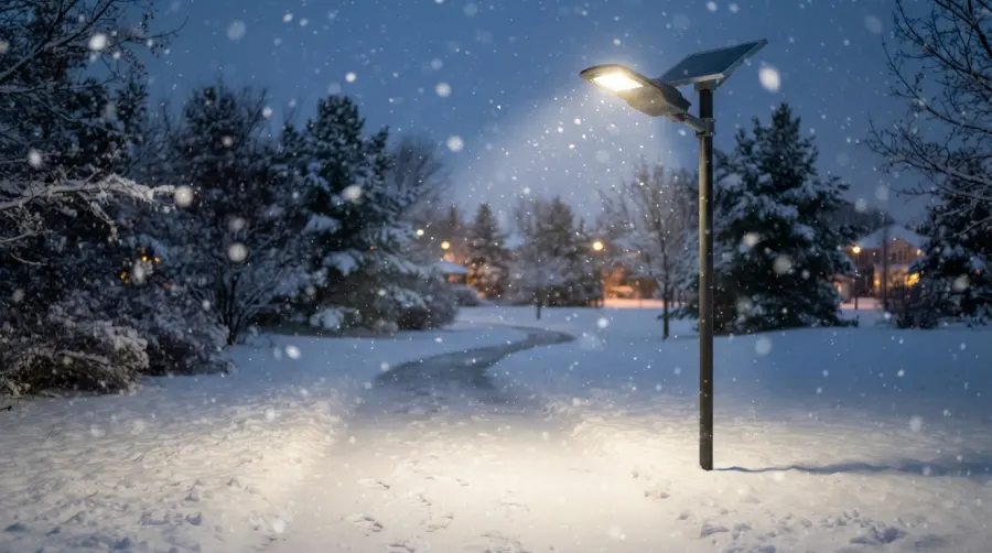 Solar street light operating on a snowy winter evening illuminating a path