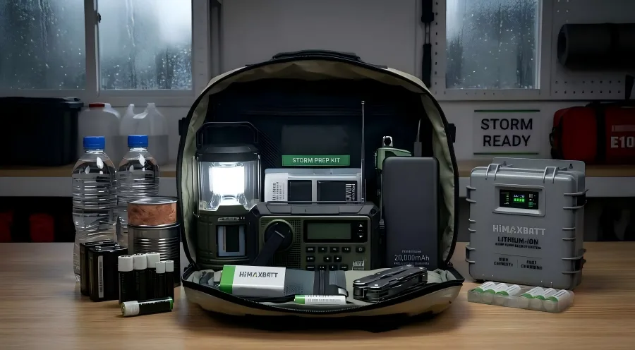 HiMAXBATT emergency preparedness kit containing backup lithium batteries, a lantern, and communication gear for storms.