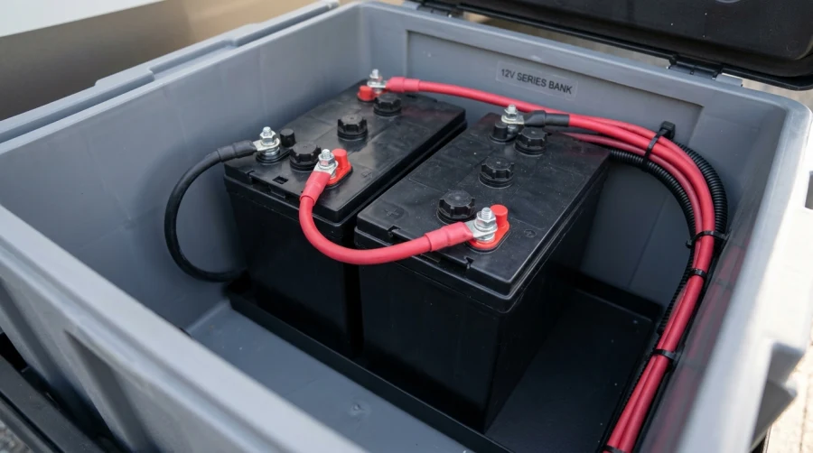 Two 6V deep cycle RV batteries connected in series