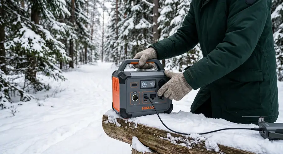 A rugged portable power station being used outdoors in a snowy winter landscape during a camping trip.