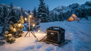 Professional outdoor LiFePO4 battery pack powering camping lights in a snowy winter landscape