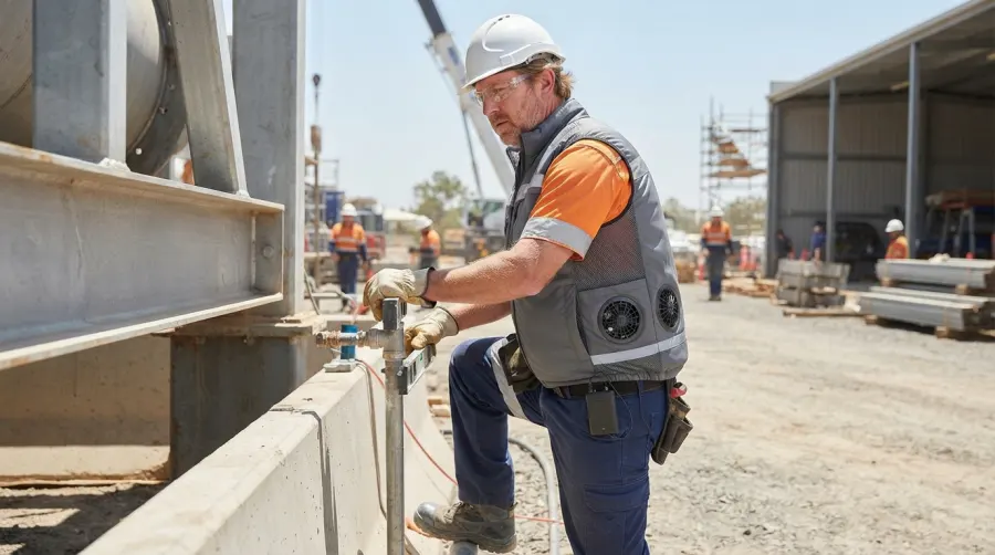A worker wearing a cooling vest outdoors in summer